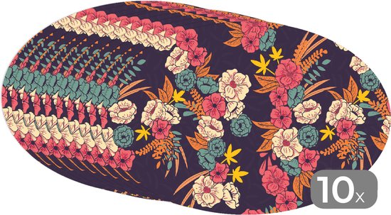 Napperons ovales - Sous-verres - Sets de table ovales - Bouquet - Fleurs - Tropical - Motif - 10 pièces