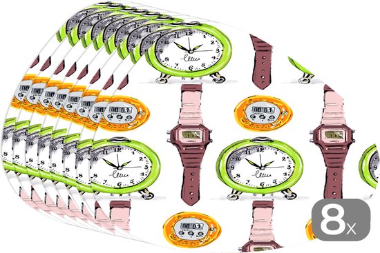Set de table bio - Napperons bio - Sous-verres - Wekker - Montres - Chronomètre - Motifs - 8 pièces