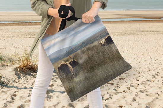 Sac bandoulière - Sac de plage - Shopper Highlanders écossais - Brume - Herbe - 45x45 cm - Sac coton