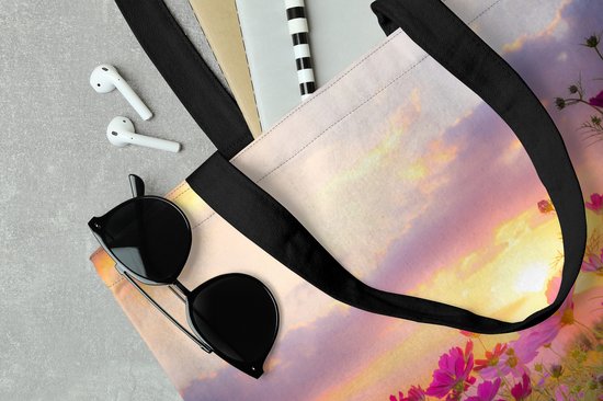Sac bandoulière - Sac de plage - Big Shopper - Cabas - Fleurs - Rose - Coucher de soleil - Nature - Prairie - Horizon - 40x40 cm - Sac en coton