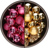 Bellatio Decorations Kerstballen mix - 74-delig - fuchsia roze en goud - 6 cm - kunststof