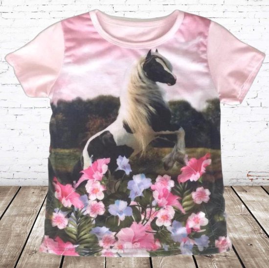 Kinder shirt met paard en bloemen -s&C-86/92-t-shirts meisjes
