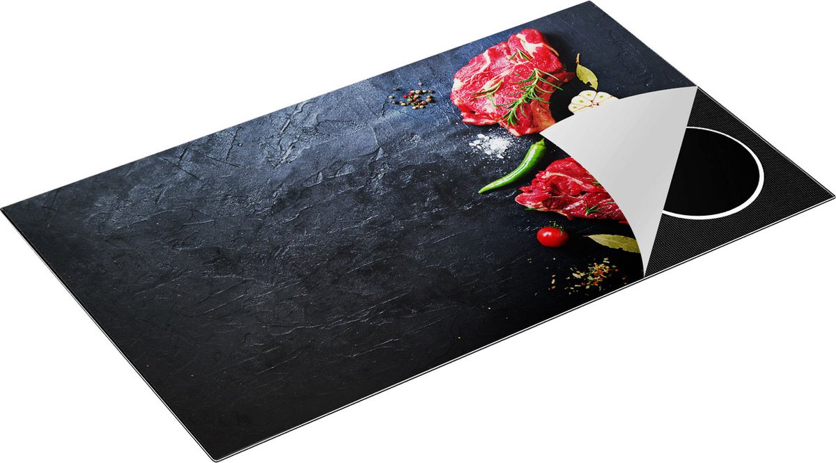 Chefcare Inductie Beschermer Rood Vlees met Groentes op een Marmeren Plaat - 90x50 cm - Afdekplaat Inductie - Kookplaat Beschermer - Inductie Mat