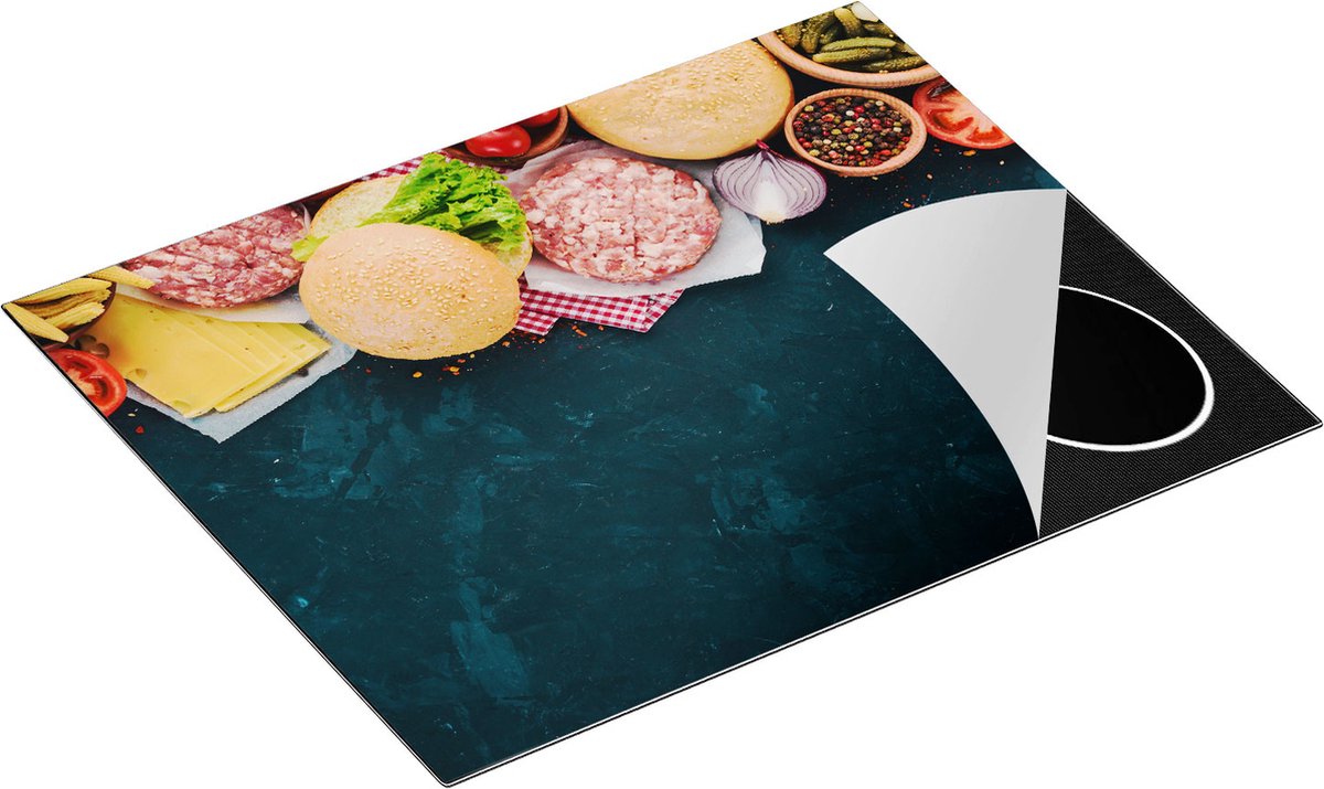 Chefcare Inductie Beschermer Hamburger Ingrediënten op een Marmeren Plaat - 65x55 cm - Afdekplaat Inductie - Kookplaat Beschermer - Inductie Mat