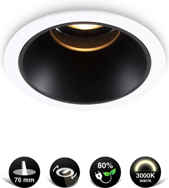 2X Zwarte LED Inbouwspot met Witte Rand - Kantelbaar - 5W - 3000K Warm Wit - Hoogwaardig Aluminium - Energiezuinig - ⌀83mm