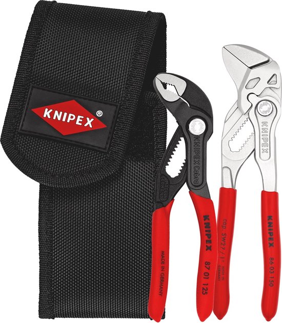 Knipex Cobra waterpomptang en tangenset in een zwarte gordeltas. Rode handvatten.