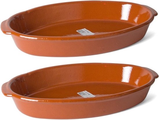 Set van 2x stuks bruine kleine terracotta ovenschaal/serveerschalen 35 x 19 x 6 cm - Ovaal - Ovenschotel schalen