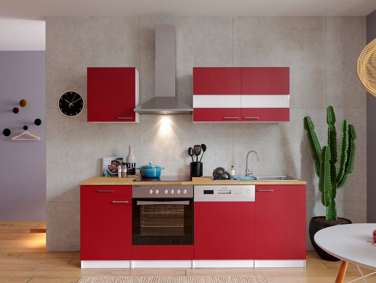 Respekta® Keukenblok 220 cm complete keuken met apparatuur soft close Rood Moderne keuken Malia keramische kookplaat vaatwasser afzuigkap oven spoelbak