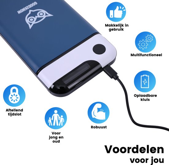 Blauwe telefoonkluis met een oplaadkabel aangesloten, omringd door iconen die de voordelen beschrijven.
