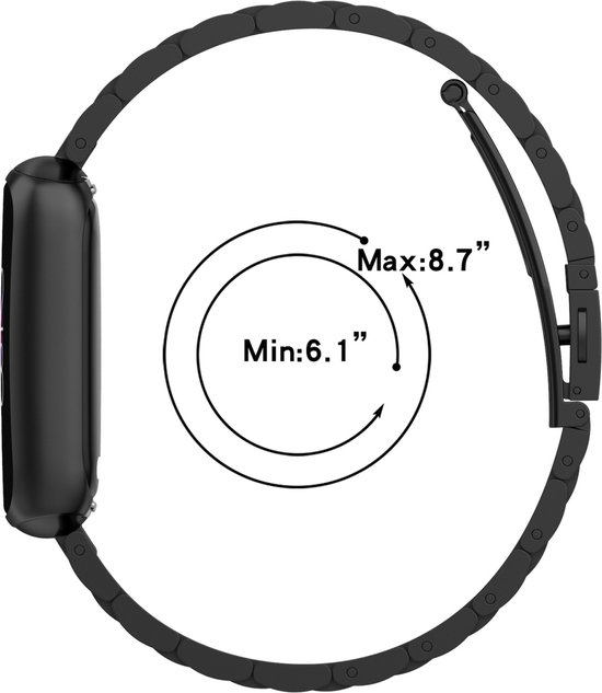 Zwart smartwatchbandje met schakels, past om een pols van 15,5 cm tot 22 cm.