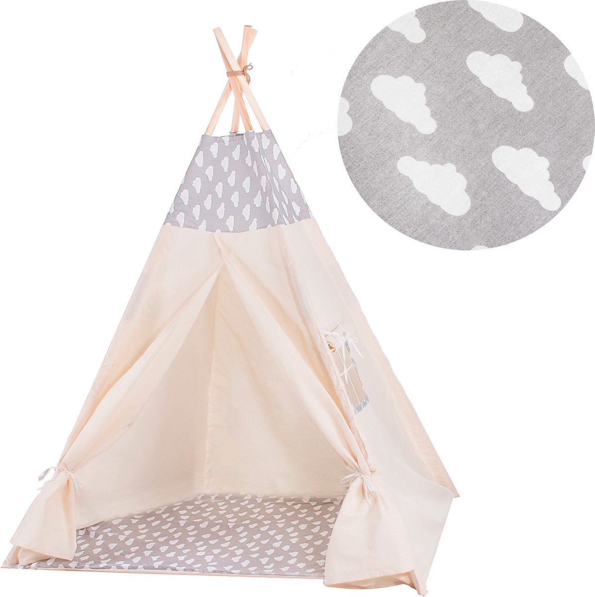 Springos Tipi Tent Wigwam Speeltent 120x100x180 cm Met Mat en Kussens Naturel Grijs Wolken