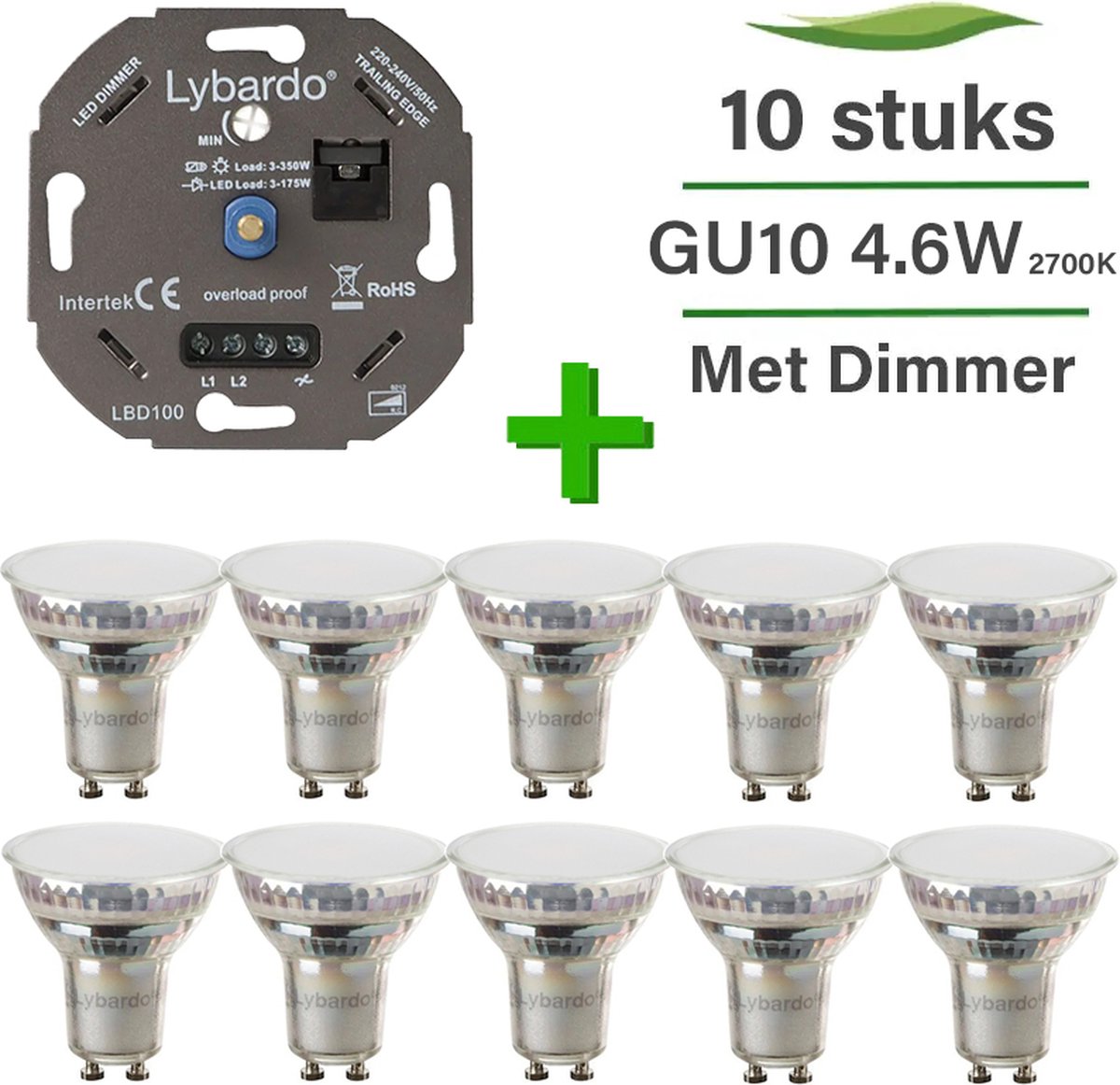 GU10 LED lamp - 10 pack - 4.8W - Dimbaar - 100 graden - Warm wit licht + LED dimmer 0-175W