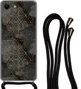 Hoesje met koord Geschikt voor iPhone 7 - Marmer print - Zwart - Goud - Geometrie - Siliconen - Crossbody - Backcover met Koord - Telefoonhoesje met koord - Hoesje met touw