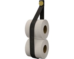 Leren toiletrol-voorraadhouder, met zuignap én schroef - Handles and more® | leer: VINTAGE BLACK / knop: Goud (reserverolhouder - toiletrolhouder - toiletrollen houder - toilet rol voorraad houder)