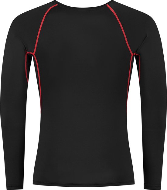Dos d'un t-shirt de sport noir à manches longues avec coutures rouges.