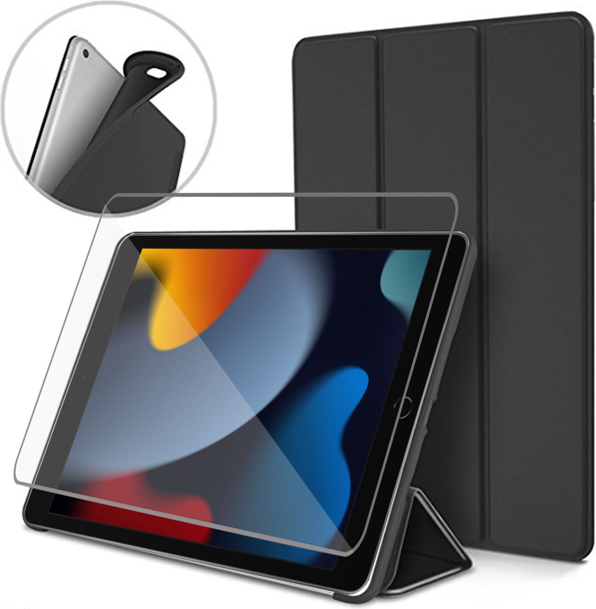 Geschikt voor iPad 10.2 2021 Hoes + Screenprotector - Gehard Glas - Magnetische Flip Hoesje - Book Case Zwart