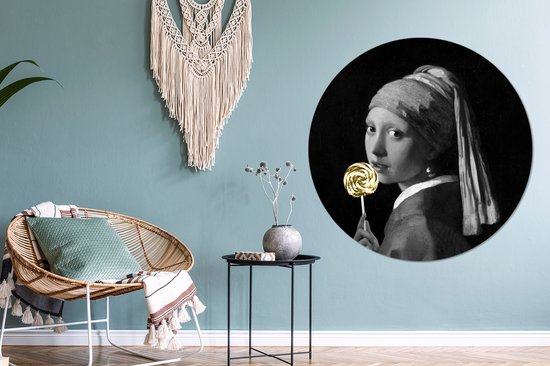 Cercle muralOld masters - Fille à la perle du maître ancien Johannes Vermeer dans les tons noir et blanc avec sucette dorée Cercle mural assiette en plastique - ⌀ 120 cm XXL /
