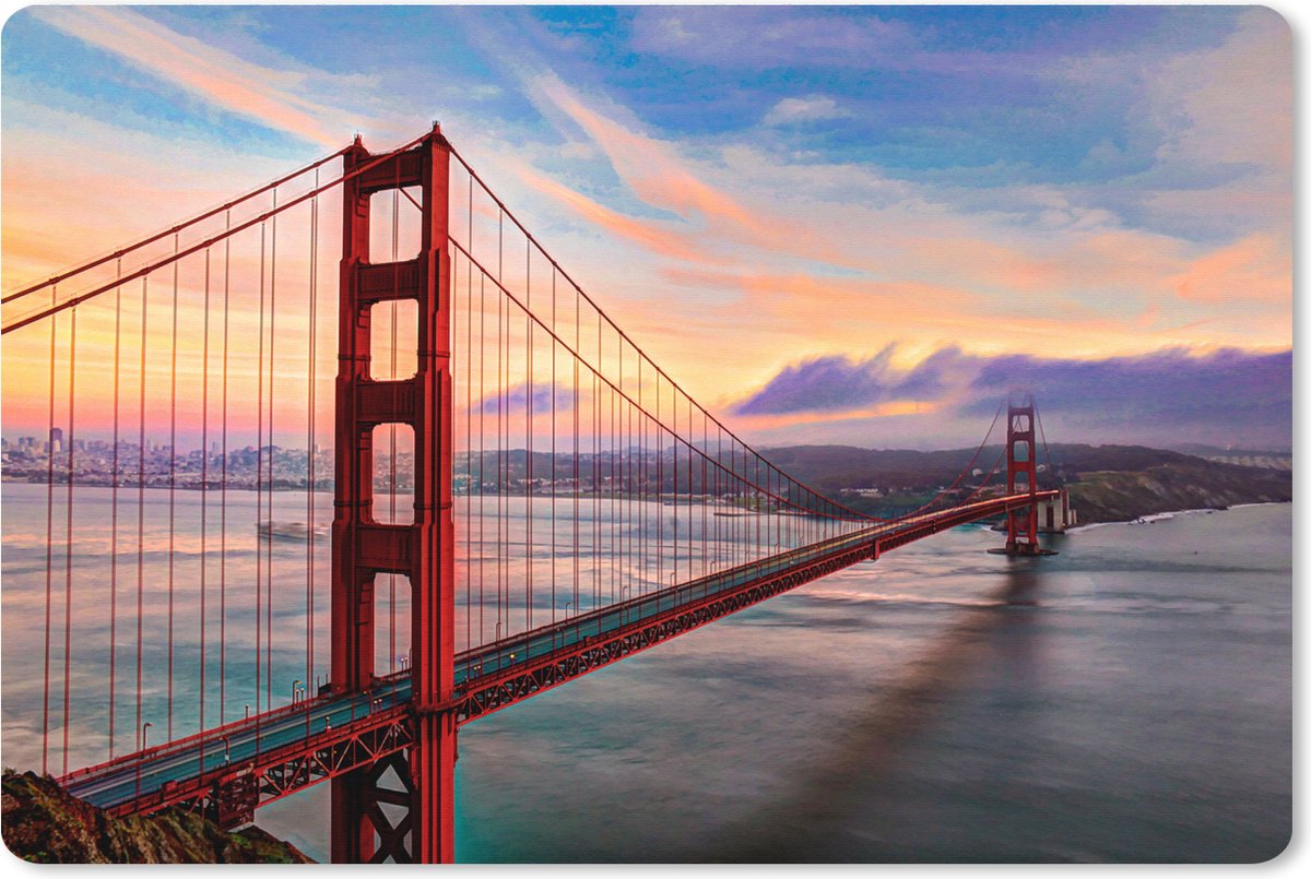 Muismat XXL - Bureau onderlegger - Bureau mat - Kleurrijke zonsondergang boven de Golden Gate Bridge in San Francisco - 90x60 cm - XXL muismat