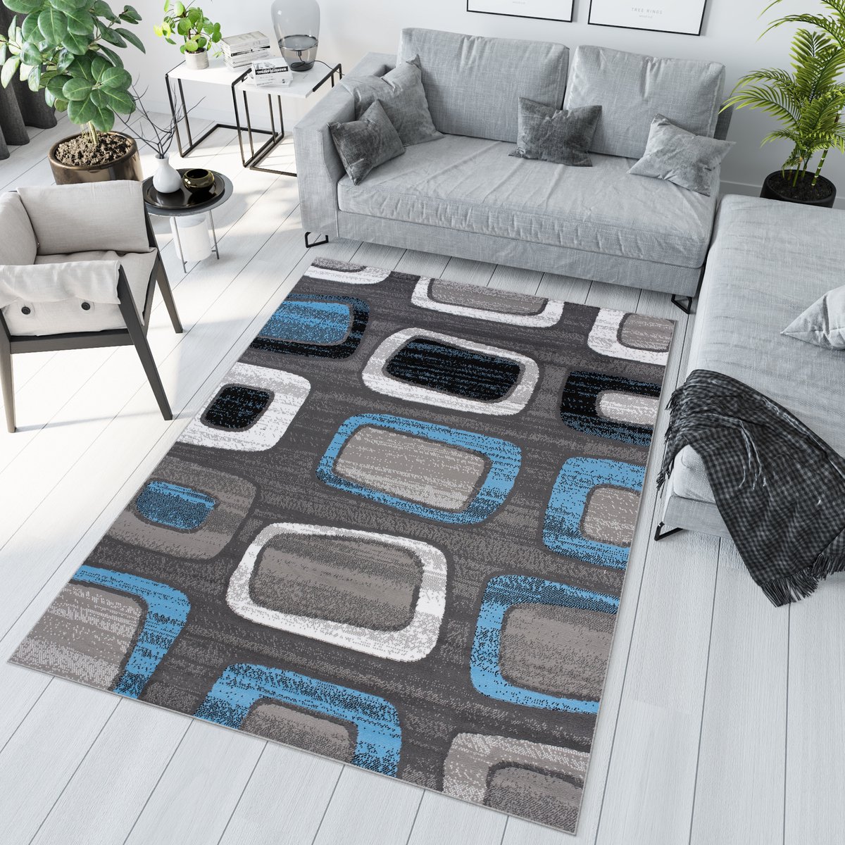 Tapiso Maya Vloerkleed Blauw Grijs Woonkamer Tapijten Maat- 200x200