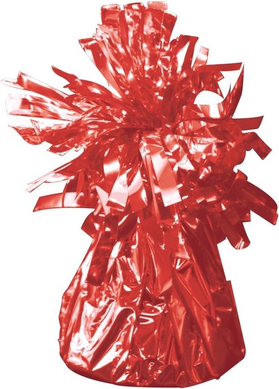 Een rood ballon gewicht met glanzende, gekreukelde basis en franjes.