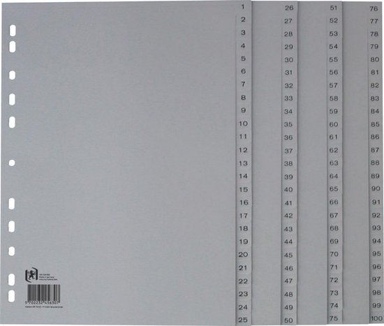 Grijze A4 tabbladen van PP met 11-gaatsperforatie en 100 genummerde tabs.