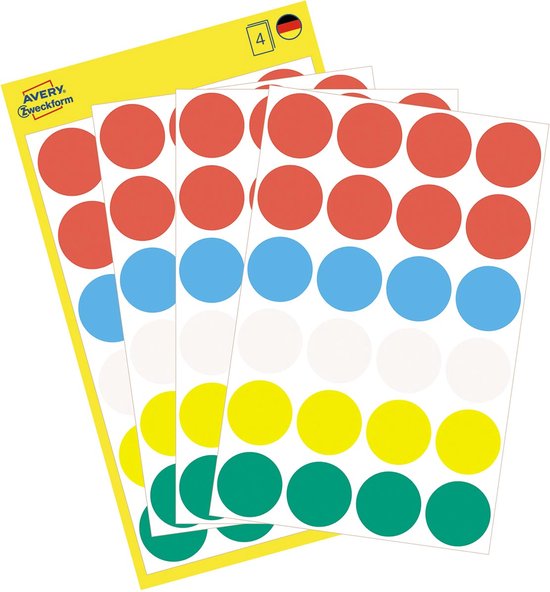 Vier vellen met ronde etiketten: rood, blauw, wit, geel en groen op een gele achtergrond.