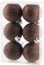 6x stuks kunststof glitter kerstballen donkerbruin 6 cm - Onbreekbare kerstballen - Kerstversiering
