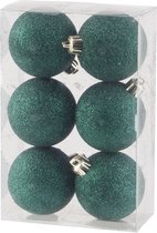 6x stuks kunststof glitter kerstballen donkergroen 6 cm - Onbreekbare kerstballen - Kerstversiering