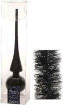 Kerstversiering glazen piek glans 26 cm en folieslingers pakket zwart van 3x stuks - Kerstboomversiering