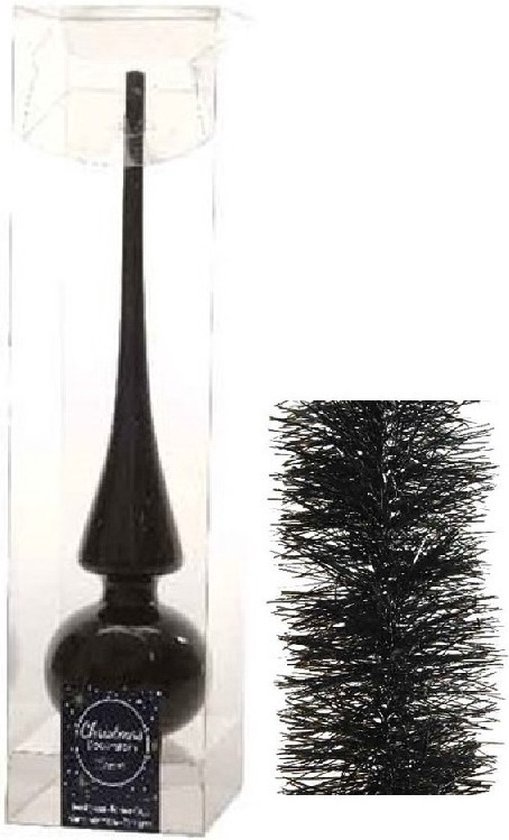 Kerstversiering glazen piek glans 26 cm en folieslingers pakket zwart van 3x stuks - Kerstboomversiering