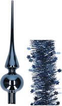 Kerstversiering glazen piek glans 26 cm en sterren folieslingers pakket donkerblauw van 3x stuks - Kerstboomversiering