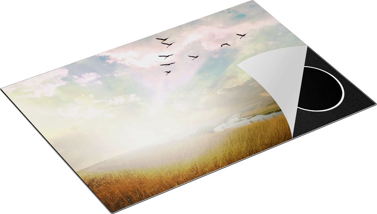 Chefcare Inductie Beschermer Groep Vogels Vliegen Boven het Gras - 75x55 cm - Afdekplaat Inductie - Kookplaat Beschermer - Inductie Mat