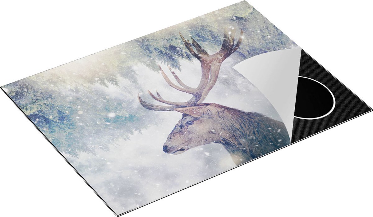 Chefcare Inductie Beschermer Hertenkop - Hert op een Bomen Achtergrond - 70x50 cm - Afdekplaat Inductie - Kookplaat Beschermer - Inductie Mat