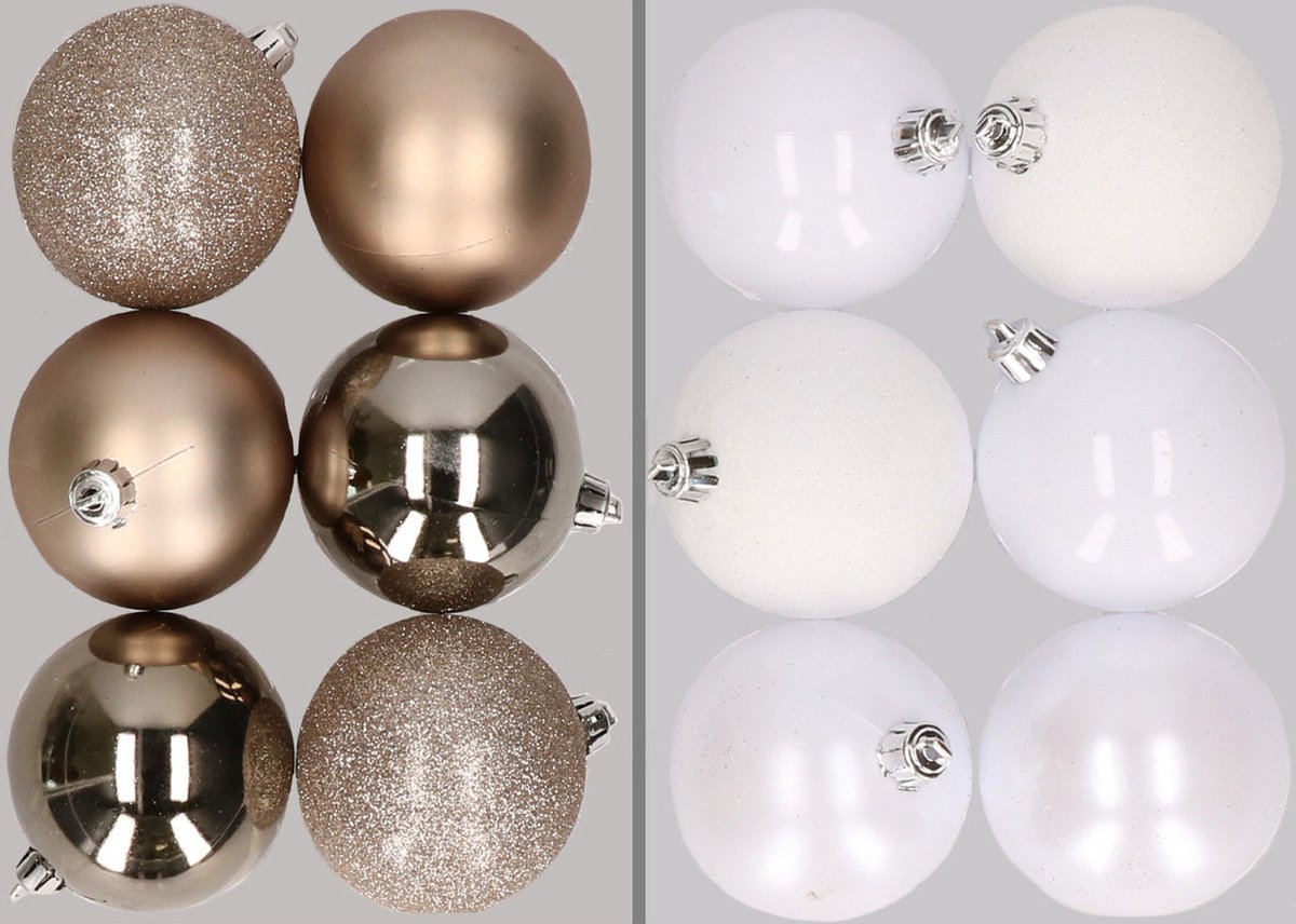 12x stuks kunststof kerstballen mix van champagne en wit 8 cm - Kerstversiering