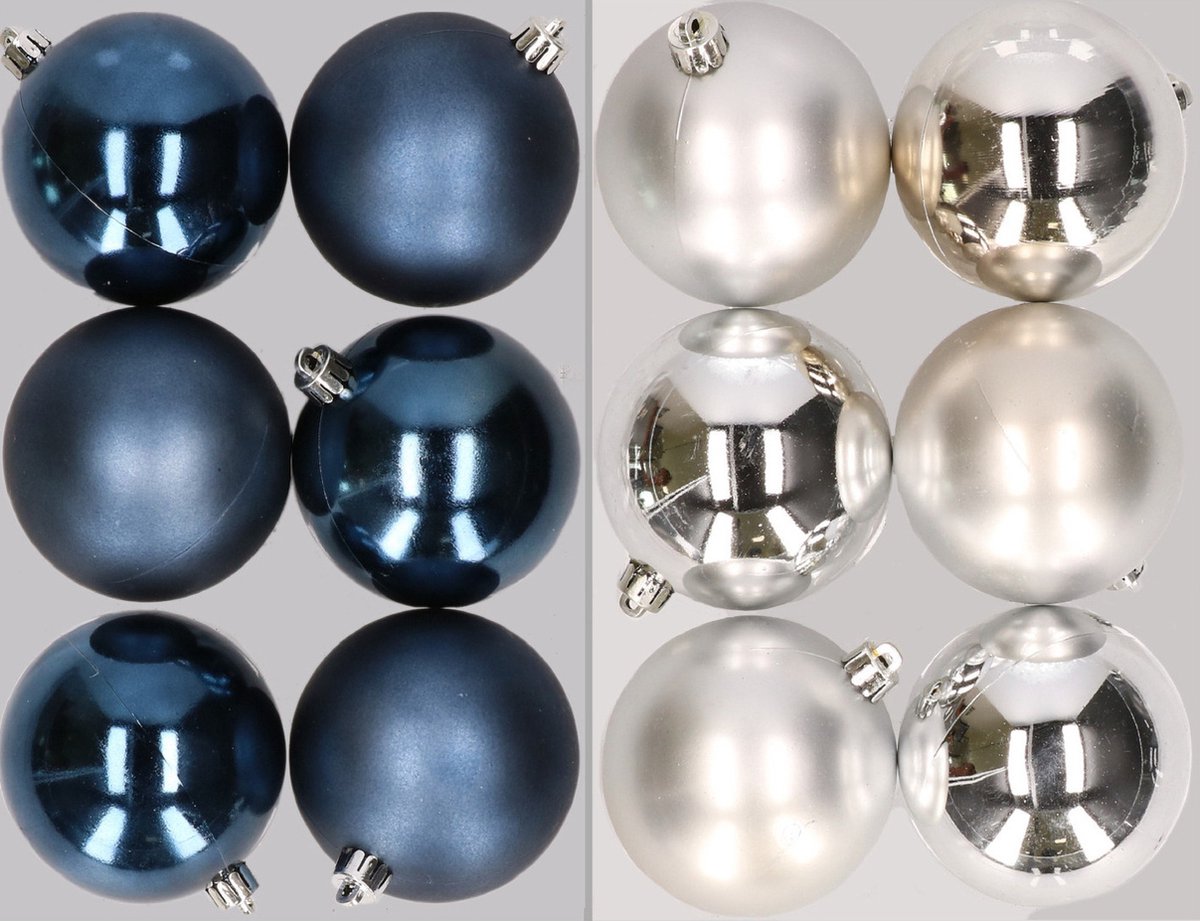 12x stuks kunststof kerstballen mix van donkerblauw en zilver 8 cm - Kerstversiering