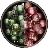 Bellatio Decorations Kerstballen mix - 74-delig - salie groen en oudroze - 6 cm - kunststof