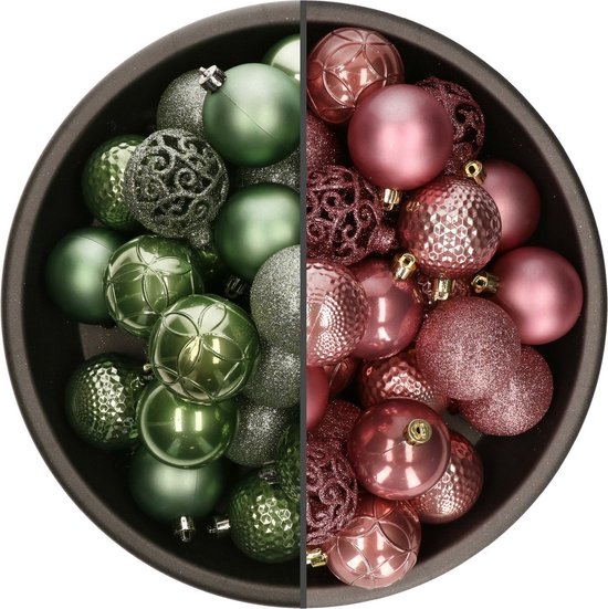 Bellatio Decorations Kerstballen mix - 74-delig - salie groen en oudroze - 6 cm - kunststof
