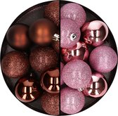 24x stuks kunststof kerstballen mix van donkerbruin en roze 6 cm - Kerstversiering