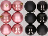 12x stuks kunststof kerstballen mix van oudroze en zwart 8 cm - Kerstversiering