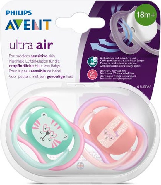 Philips Avent Ultra Air Fopspeen - Ouder dan 18 Maanden - 2 Speentjes - Roze/Groen Poes/Konijn - SCF349/15 — afbeelding 5