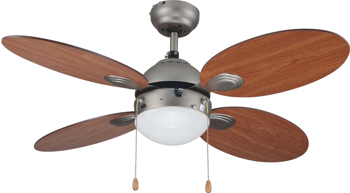 INSPIRE - plafondventilator - MAURICE - 4 bladen - licht E27 2x 25W - staal & hout - kleur satijn nikkel & kersenhout - gezeefdrukte afwerking