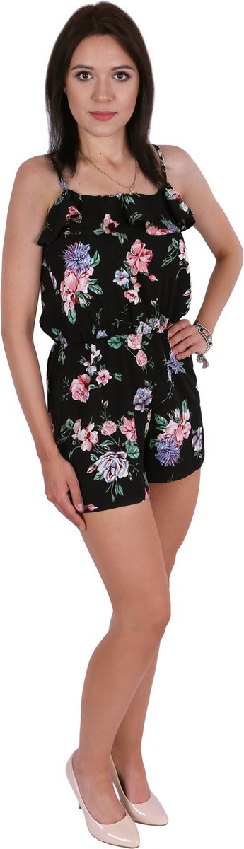 John Zack - Zwarte Korte Jumpsuit met Bloemen / M