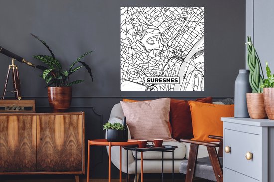 Stickers muraux - France - Carte - Plan de ville - Suresnes - Carte - Zwart et blanc - 80x80 cm - Feuille adhésive