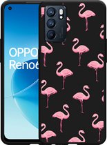 Oppo Reno6 5G Hoesje Zwart Flamingo - Designed by Cazy