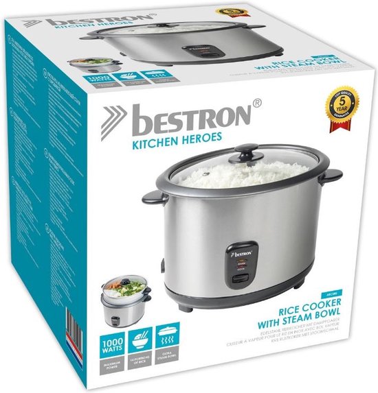 kisidus Rijstkoker - incl. stoomfunctie - 2,2 Liter capaciteit, warmhoudfunctie, met binnenpan, deksel, maatbeker en rijstlepel, 900 W Rijstkoker Zilver