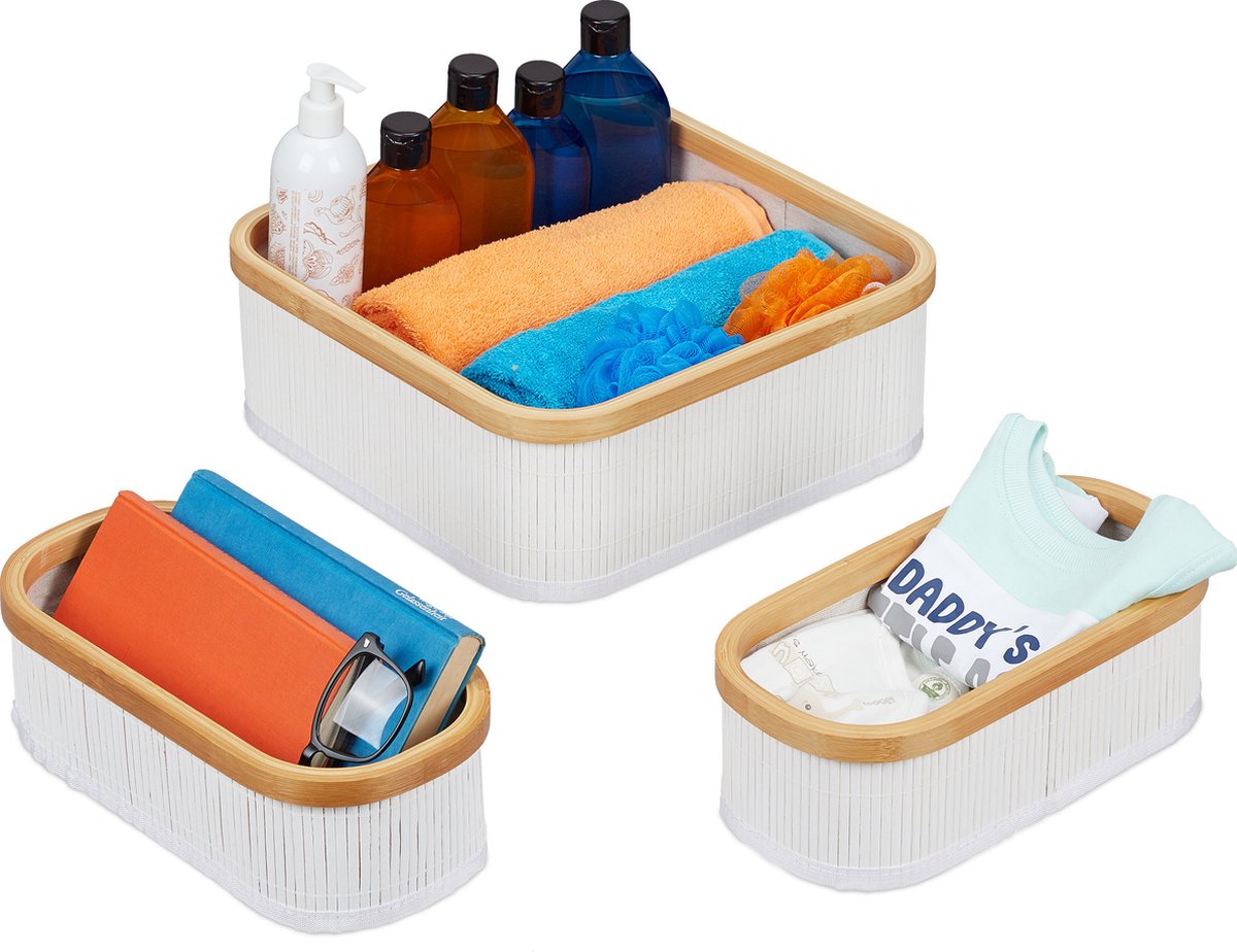opbergmand set van 3 - badkamer - 2 groottes - stapelbaar - bamboe - polyester - wit