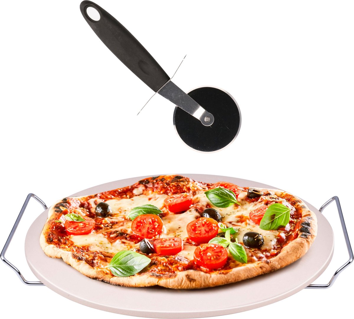 Pizzasteen BBQ/oven rond keramiek 33 cm met handvaten - Met pizza snijder 19 cm - BBQ/oven pizza stone