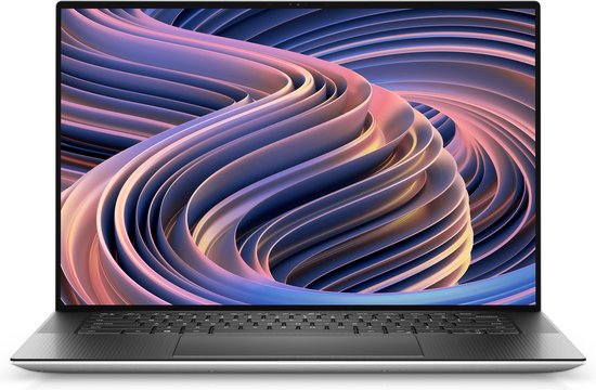Zilverkleurige Dell XPS laptop, recht vooraanzicht, met abstracte kleurrijke achtergrond op het scherm.