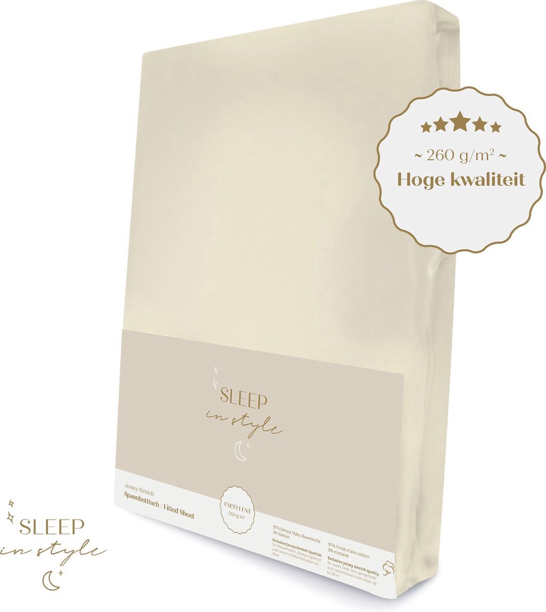 Sleep in Style - Hoge hotelkwaliteit Jersey Hoeslaken voor Matras - 180x200 t/m 200x220 - (tot 40 cm hoogte) – 260 grams -Champagne Creme