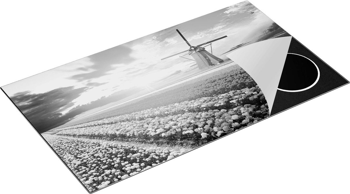 Chefcare Inductie Beschermer Kleurrijke Bloemenveld met een Windmolen - Zwart Wit - 90x52 cm - Afdekplaat Inductie - Kookplaat Beschermer - Inductie Mat